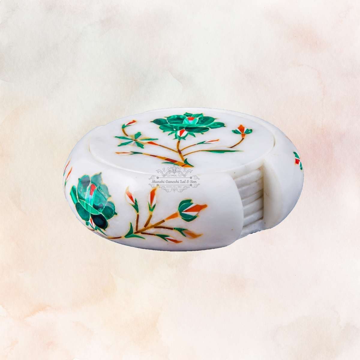 Green Flower Carved Design Marble Coaster